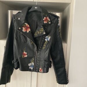 Black leather floral jacket, new, size M